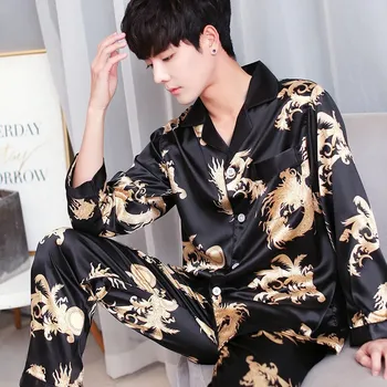 

MEN'S Long-sleeved Pajamas Men Silk Silk Short Sleeve Tracksuit Men Viscose Thin Spring and Autumn Set Korean-style..