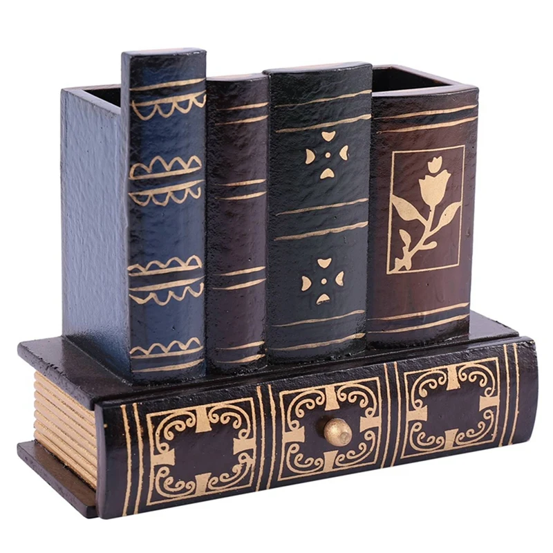 

Multifunction Retro Wooden Pen Holder Book Shape Wood Craft Home Decor Pencil Desktop Storage Box Drawers Stationery Holder Gift