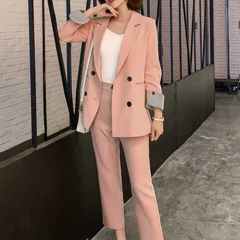 

Autumn Vintage Double Breasted Women Pant Suit Pink Notched Blazer Jacket & High Waist Pant 2019 Spring Office Wear Women Suits