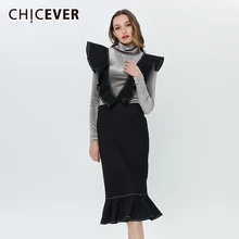 CHICEVER, Корейская женская юбка на подтяжках, плиссированная, миди, длинная, джинсовая, высокая талия, повседневная, труба, юбки для женщин,, осенняя одежда, новинка