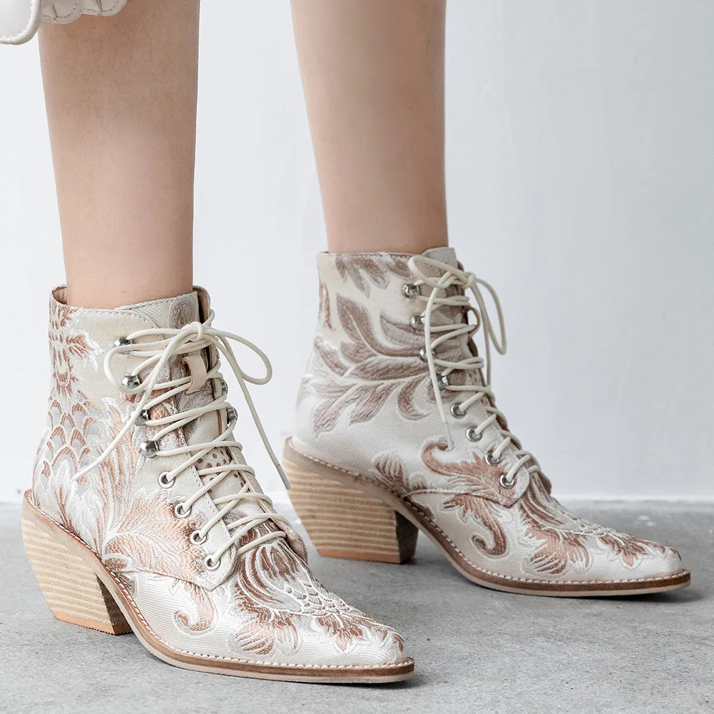 

FINDHER Women Ankle Boots Wooden Blocked Heels Lace Up Pointed Toe Shoes Woman Embroidery Flower Booties Silk Satin Boots