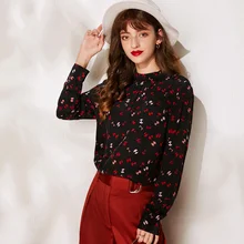 Осенняя блузка со стоячим воротником из чистого шелка Шелковая Женская свободная футболка с длинными рукавами и принтом M L XL