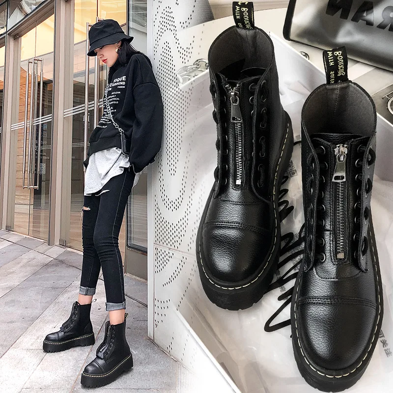 Tanie Kobieta botas mujer jesienne buty damskie Martin buty Pu skóra moda marka panie obuwie miękkie wiązane na krzyż botki czarne