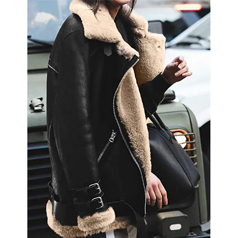 Зимнее женское флисовое пальто из искусственного меха, верхняя одежда, теплое байкерское пальто с отворотом, куртка-Авиатор, Дамское пальто из кожи оленя, вельветовое хлопковое пальто из овечьей шерсти
