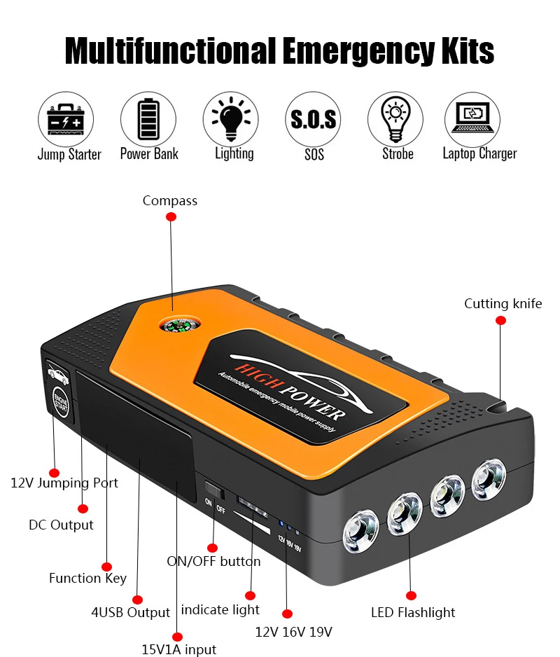 Emergency 12V Car Jump Starter 18000mAh Power Bank for Phones Portable Car Battery Booster Charger Car Starter with Flashlight