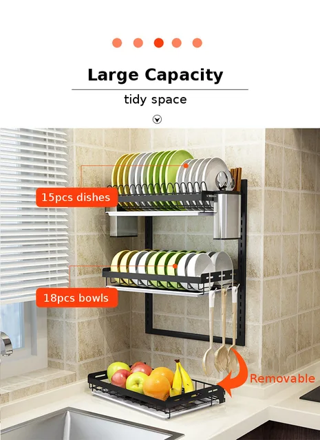Virgorack 3 Tier Large Wall Mounted Dish Drainer, Stainless Steel Dish Rack,  Dish Drying Rack for Kitchen with Utensi - AliExpress