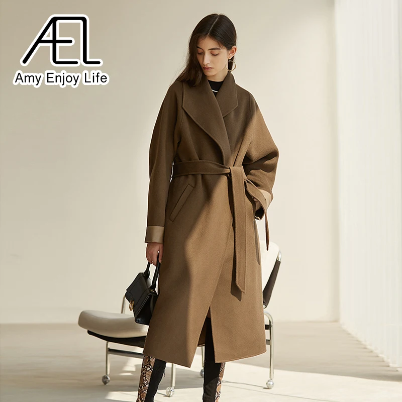 

AEL 100% Wool Winter Overcoat Double Sided Hight Quality Female Long Woolen Coat Casual Streetwear Dark Brown