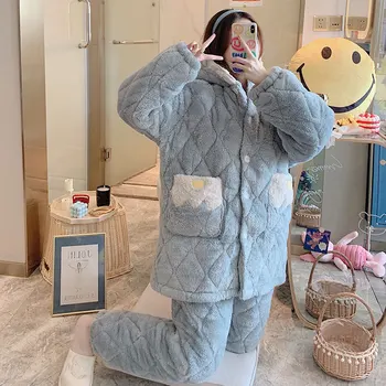 

Winter Women New Pajamas Set Flannel 2PCS Sleepwear Warm Thicken Pyjamas Suit Female Coral Fleece Sleep Set Loose Home Wear