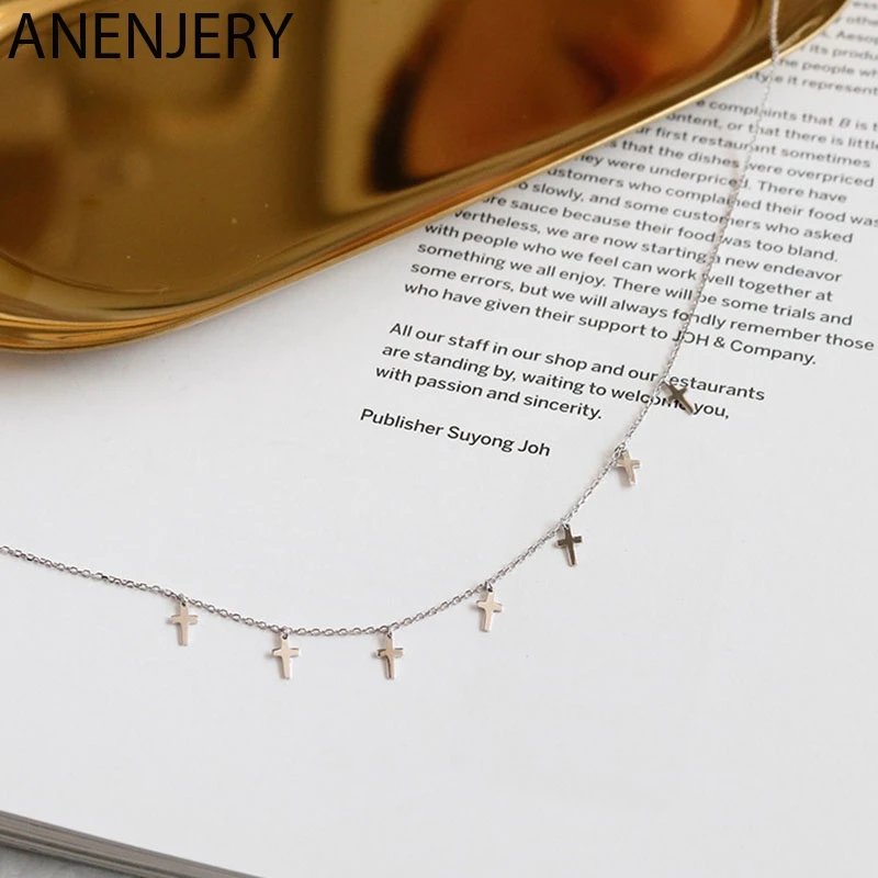 ANENJERY 925 Sterling Silver Simple 7 Cross Tassel Necklaces For Women choker collares S-N452 | Украшения и аксессуары