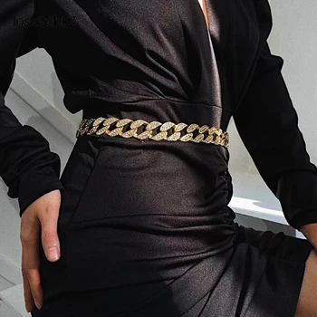 

IngeSight.Z Punk Hip Hop Miami Curb Cuban Chunky Harness Waist Belly Chain Bet Luxury Shiny Crystal Body Chain for Women Jewelry