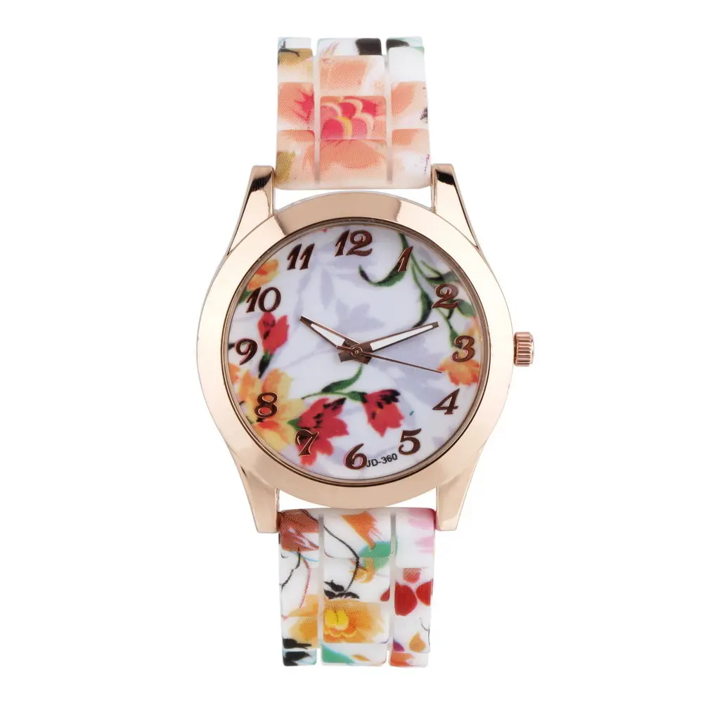 

Fashion Women Watch Silicone Printed Flower Causal Quartz Wristwatches Pink color New Hot Selling