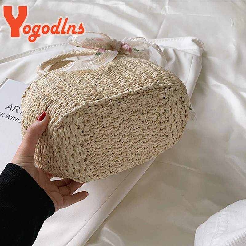 Yogodlns Summer New Lace Straw Handbag Female Large Capcacity Rattan Beach Bag Travel Vacation Bag Handmade Girl Bucket Bag Tote