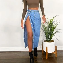 2021 Summer Casual Blue Jeans Fringed Split Women Long Skirts Pants Women Fashion High-waist Denim Long Skirts