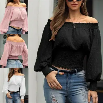

Women Sexy Off Shoulder Crop Top Ladies Loose Shirt Summer Sexy Lace Solid Blouses Casual Puff Sleeve Women elegant bandage Top