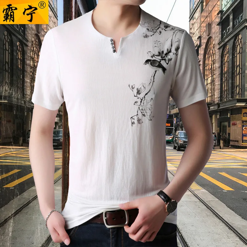 

Short Sleeve T-shirt Man Young And Middle-aged V-neck Summer Ice Mercerized Cotton Half Sleeve Xia xue Korean-style Trend Printe