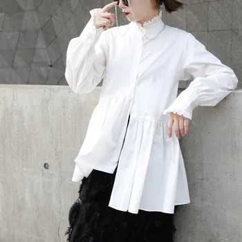 

Shirt Women's 2020 Spring Lace Stand Collar Shirt Beveled Cuffs White Irregular Midi Shirt Women's 1022