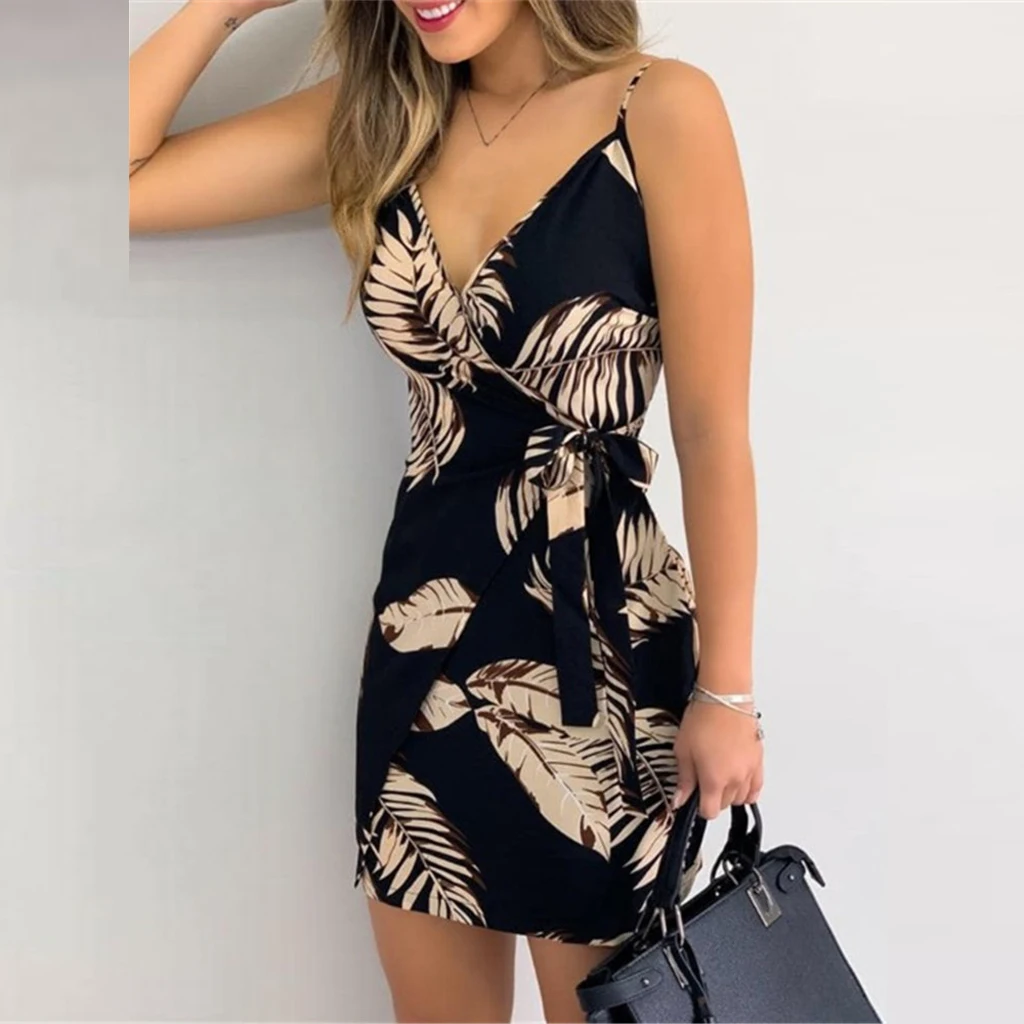 

Women Sleeveless Sexy Sling V-Neck Printed Belt Dress Lace-Up Wrap Dresses Summer Woman 2021 Clothes For Elegant Female Clothing