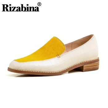 

RIZABINA Women Flat Shoes Fashion Mixed Color Square Head Shoes Women High-Quality Genuine Leather Casual Footwear Size 34-39