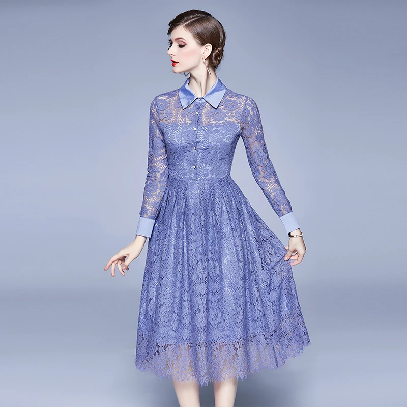 TAOYIZHUAI Office lady style elegant lace dress turn-down collar blue button knee length OL dress fashion slim A-line vestidos