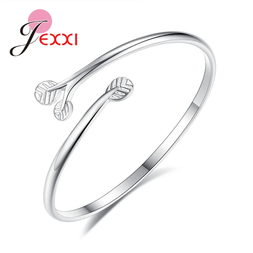 

Lovely Women Bangle Authentic 925 Sterling Silver Jewelry Cute Leaf Branch Open Adjustable Size Simple Metallic Texture Bracelet