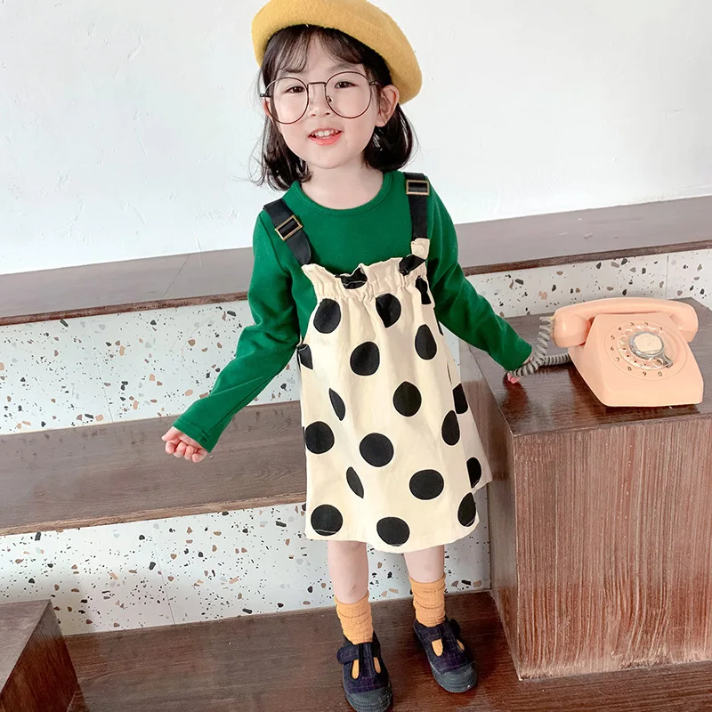 

Korean Little Girls Clothing Sets Autumn Long Sleeve Slim Shirt+Wave Dot Strap Dress 2pc Princess Suit For 2-7Yrs Girls Clothes