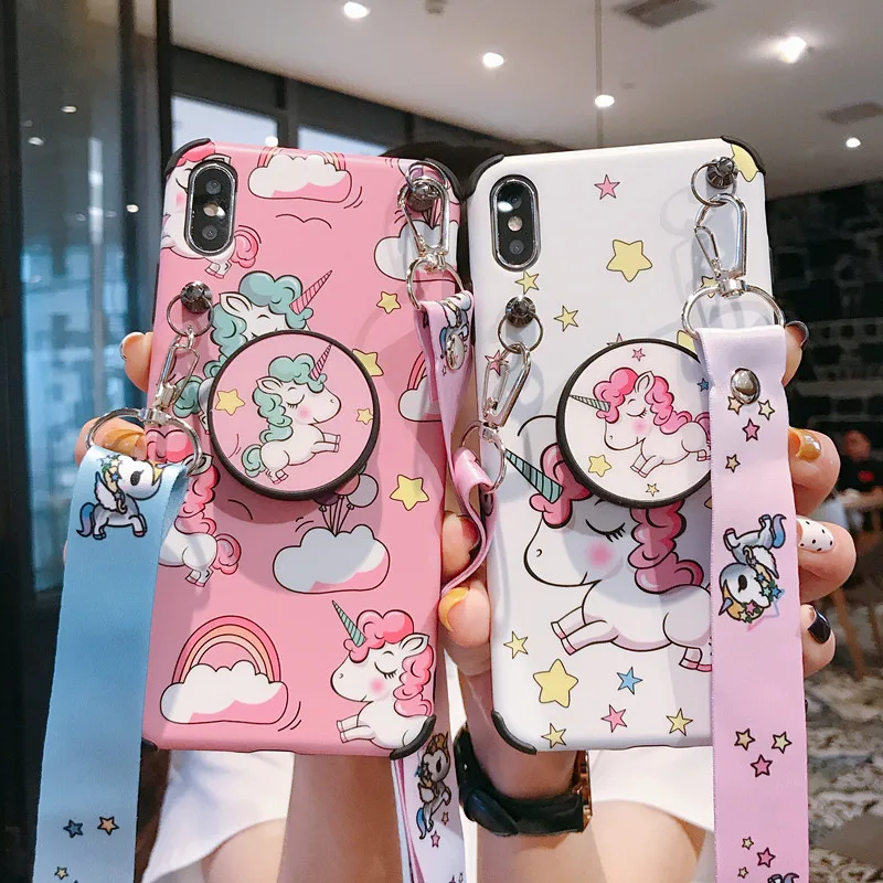 

Anti-Knock Cartoon unicorn For iPhone X case XS MAX XR X 7 8 6 6S Plus Case soft silicon Cove Case coque with holder&Lanyard