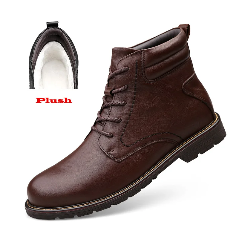 Мужские ботинки наивысшего качества; очень теплые плюшевые зимние ботинки из натуральной кожи; Водонепроницаемая Мужская обувь ручной работы; сезон осень-зима - Цвет: brown plush