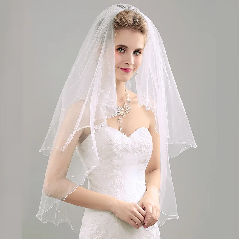 Bridal Pearl Ivory Veil Short Wedding vail Pencil Edge Wedding Veils With Comb Bride Veil Tulle Velo De Novia Corto