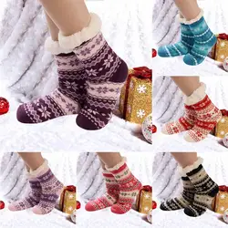 Милые зимние носки с принтом для девочек; рождественские женские хлопковые носки; толстые нескользящие носки-тапочки; короткие носки для