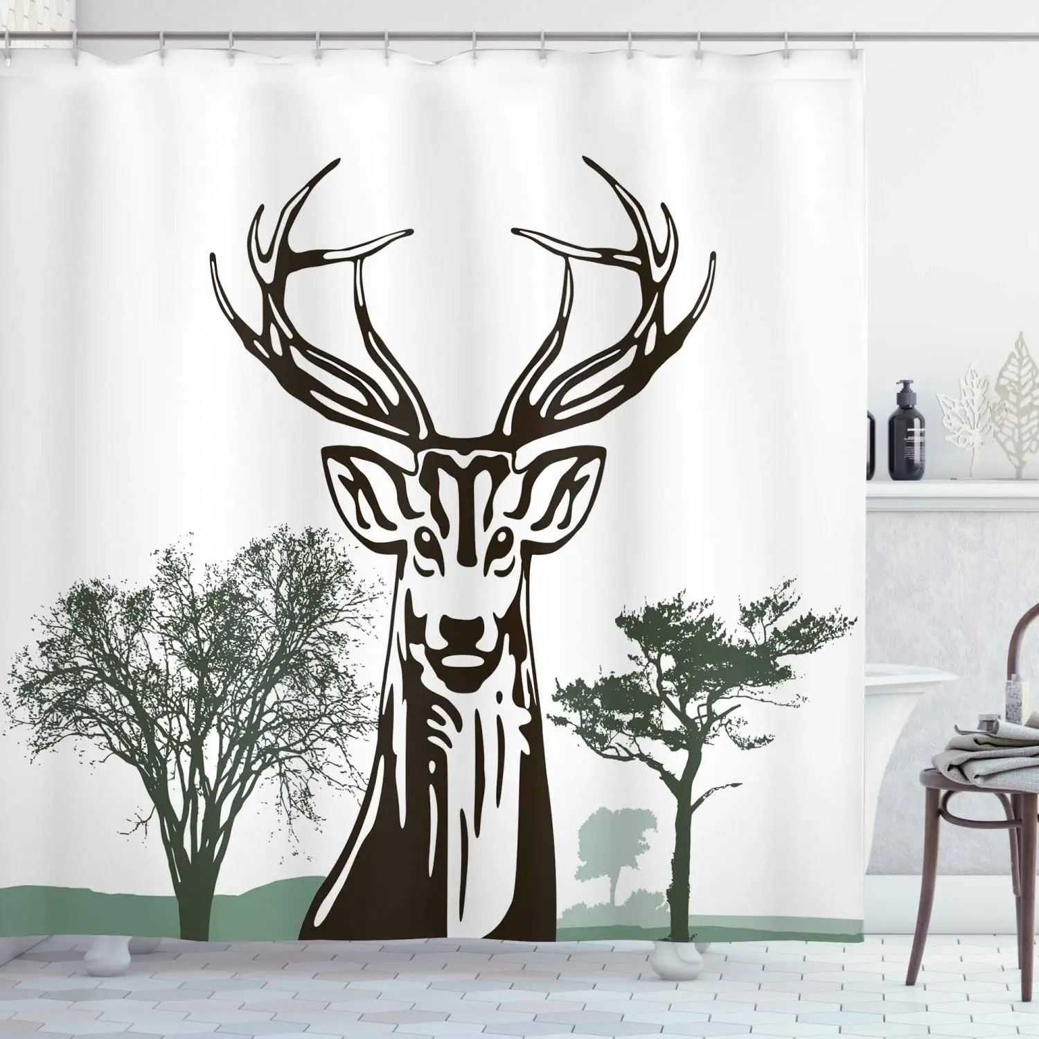 Antlers Decor Shower Curtain Set Deer Moose With Trees Silhouettes Antlers Decor Shower Curtain Set Deer