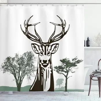

Antlers Decor Shower Curtain Set Deer Moose with Trees Silhouettes Outline of Village Mountain Fall Forest Bathroom Accessories