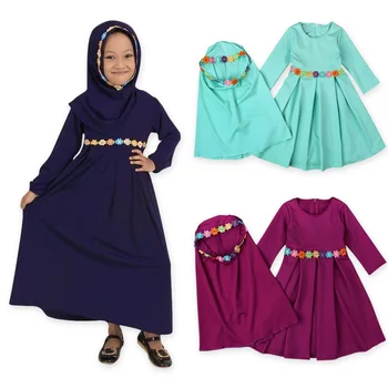 

Girls Hijab+dress Floral Muslim Abaya Turkish Kaftan Islamic Traditional Costumes Dubai Arabic Malaysia New Year Outwear