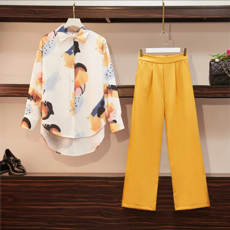 

Two Piece Set For Women 2020 Spring Fall New Graffiti printing Long Sleeve Loose Chiffon Shirts + High Waist Wide Leg Pants Suit