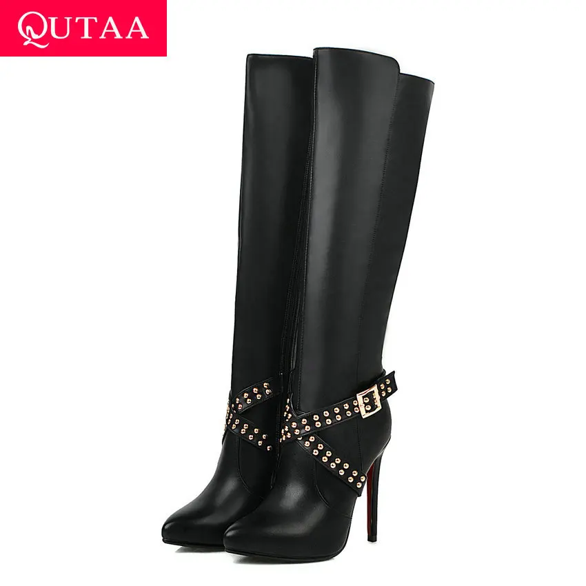 

QUTAA 2020 Rivet Quality PU Leather Platform Fashion Knee High Boots Winter Thin High Heel Zipper Leisure Women Shoes Size 34-43
