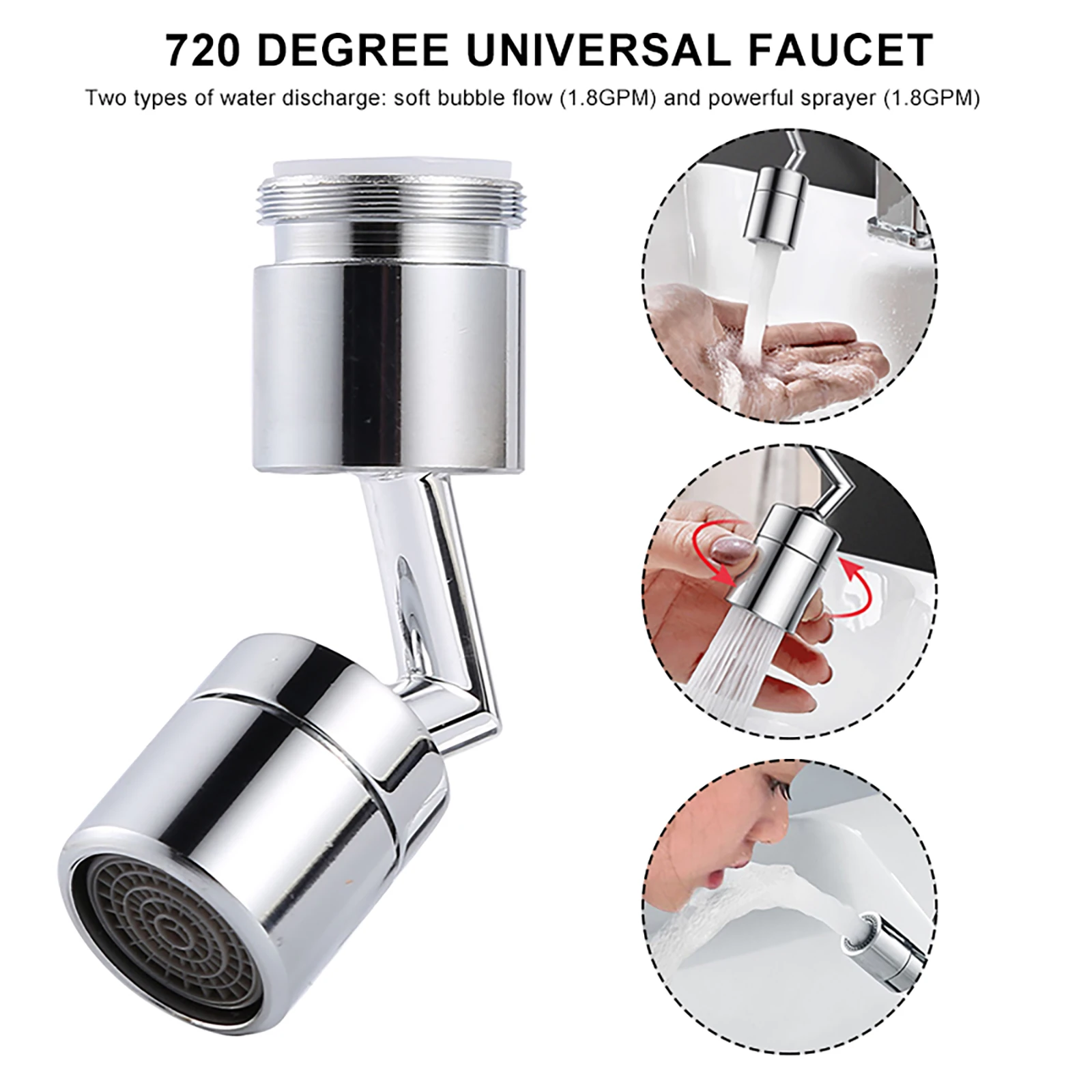 Water Tap Aerator 720°Rotation Universal Splash-Proof Swivel Water Saving Faucet,Rotatable Bubbler Faucet Sprayer Accessories,for Face Washing Gargle and Eye Flush Kitchen Bathroom 