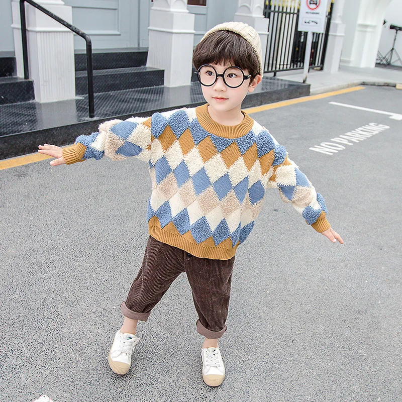 

Autumn 2019 New Style Kids' Sweater Rhombus Jacquard Pullover Korean-style Casual Knit Boys' Sweater Hot Sales