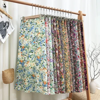 

2020 Spring Summer Jupe Longue Femme High Waist Vintage Floral A-line Midi Skirt Women Casual Harajuk Woman Skirts Korean