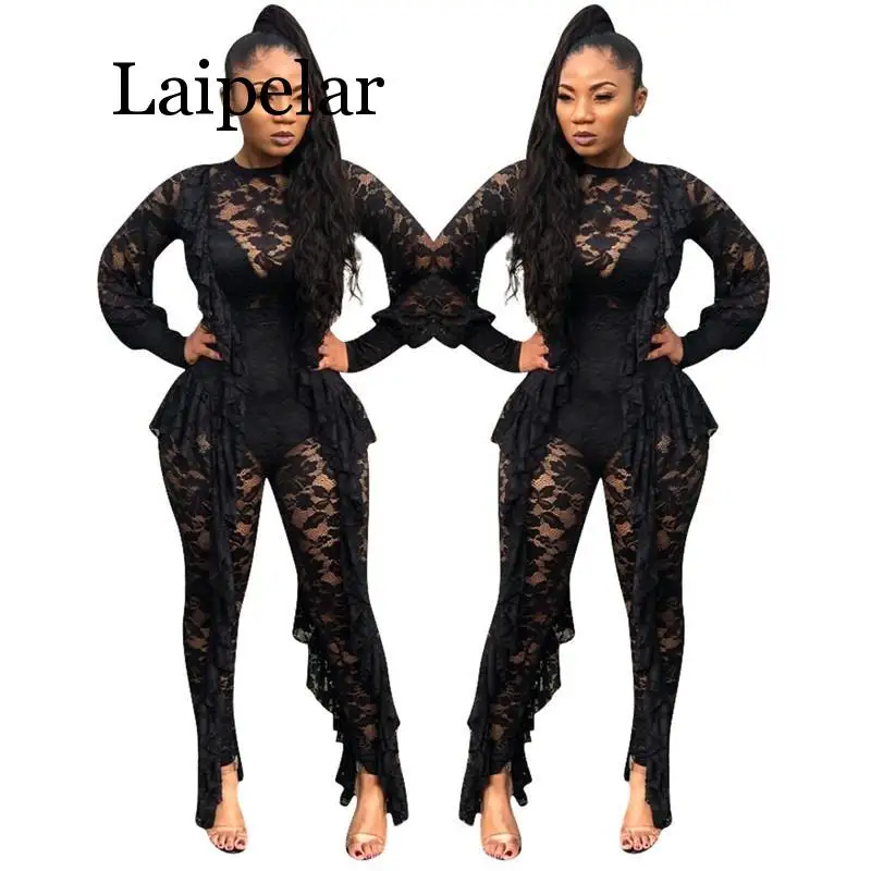 Long Sleeve Sexy Sheer Black Lace Jumpsuit Bodysuit Women See Through Ruffle Party Club Wear One Piece Bodycon Jumpsuit Rompers crew neck long sleeve sheer mesh jumpsuit sexy bow front bodycon one piece overall pleated long pants women rompers back zipper