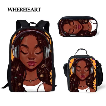 

WHEREISART 3pcs/set School Bag for Kids Black Art African Girl Print School Backpack Children Shoulder Book Bag Student Satchel