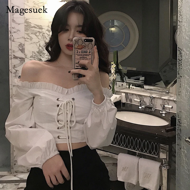 Blusa de algodón liso para mujer, Blusa de manga larga con tirantes y hombros descubiertos, Estilo Vintage, para oficina, primavera, 14314