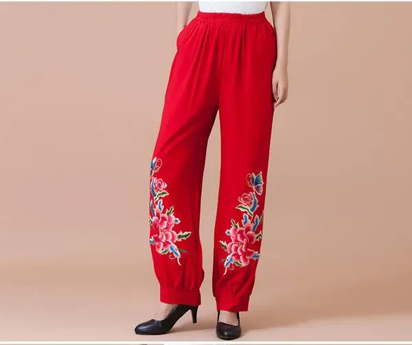 

2019 autumn and winter new national wind pants trousers embroidered embroidery elastic waist wide leg pants pants trousers