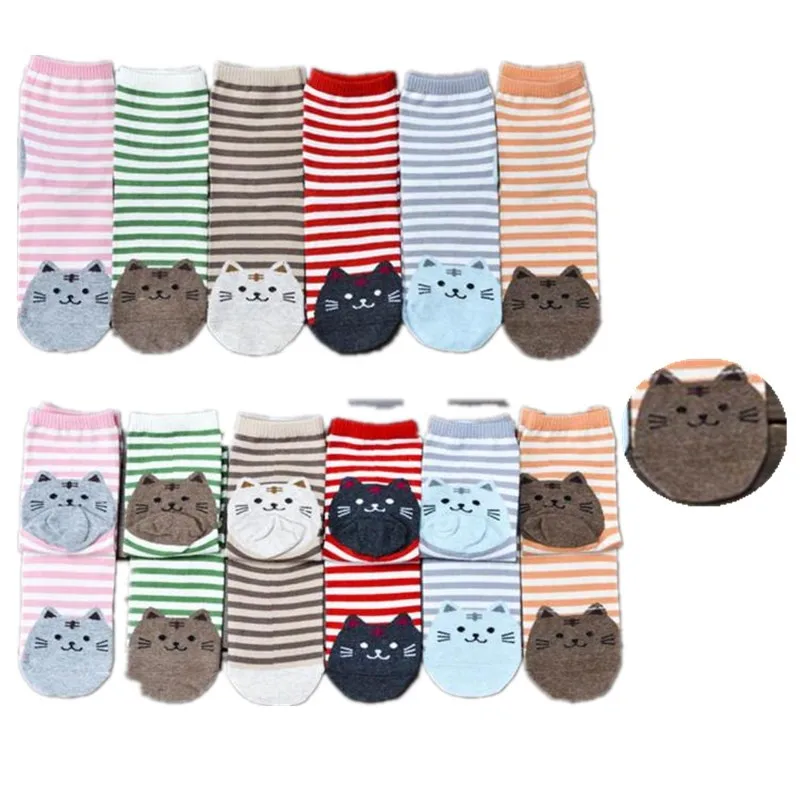 6 пар носков с мультяшными котами и животными женские полосатые носки с принтом следов, дышащие удобные хлопковые носки-тапочки Femme calcetines mujer divertido