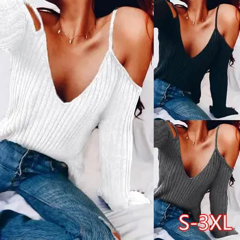 

Women Sexy Deep V-neck Knitted Womens Tops and Blouses 2020 Spring Summer Off Shoulder Slim Fit Shirt Femme Solid Beach Blouse