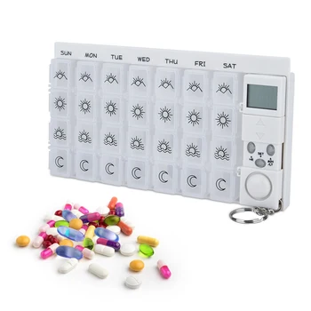 

7 Days Pill Box Pill Case Organizer LED Timer Reminder 28 Grids Weekly Tablets Storage Pill Dispenser Alarm Clock