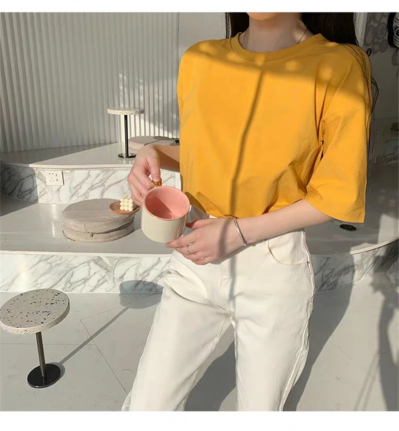 Hirsionsan Basic Cotton T Shirt Women Summer New Oversized Solid Tees 7 Color Casual Loose Tshirt Korean O Neck Female Tops