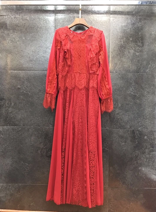Осень и зима Новое Женское кружевное платье с круглым вырезом и цветочной вышивкой однотонное платье с длинным рукавом 1128