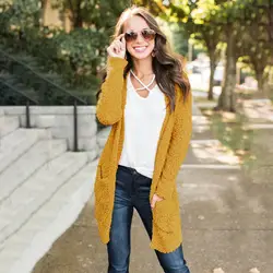 Длинный вязаный свитер Женская осенне-зимняя одежда длинный рукав карман однотонный теплый кардиган модный офисный женский топ