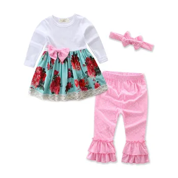

Children Clothing Set Summer 2020 Girls Pink Floral Long-sleeved Dress Long Pink Trousers Headdress Three-piece Clothes Suit