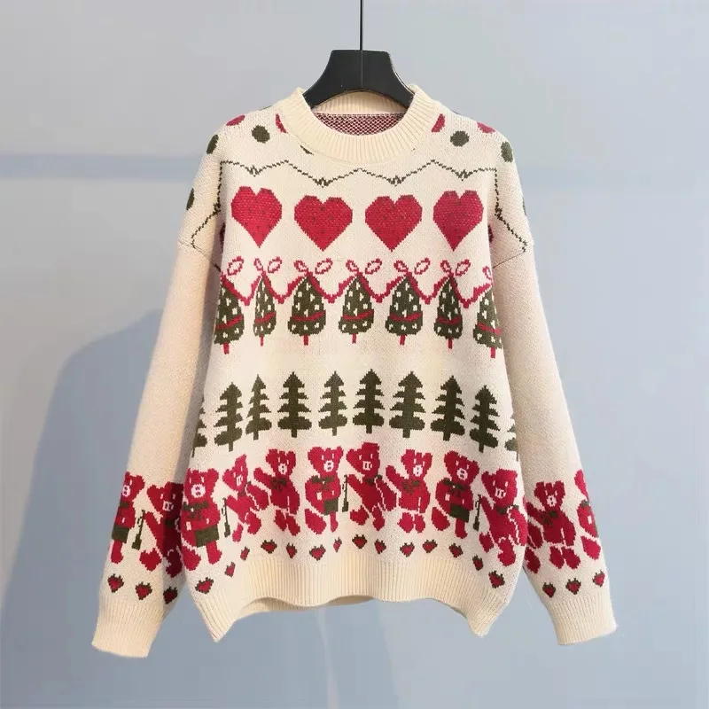 2019 Autumn And Winter New Style Korean-style Contrast Color Christmas Bear Jacquard by Age Pullover Knitting Shirt Loose-Fit Sw