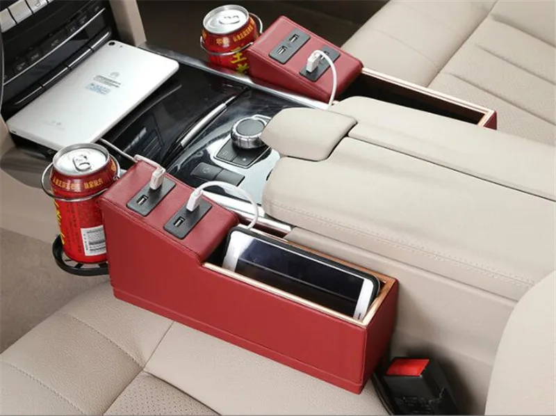 2pcs/pair Car Seat Crevice Storage Box Cup Drink Holder Organizer Leather Four USB Charging Black Red Beige Brown